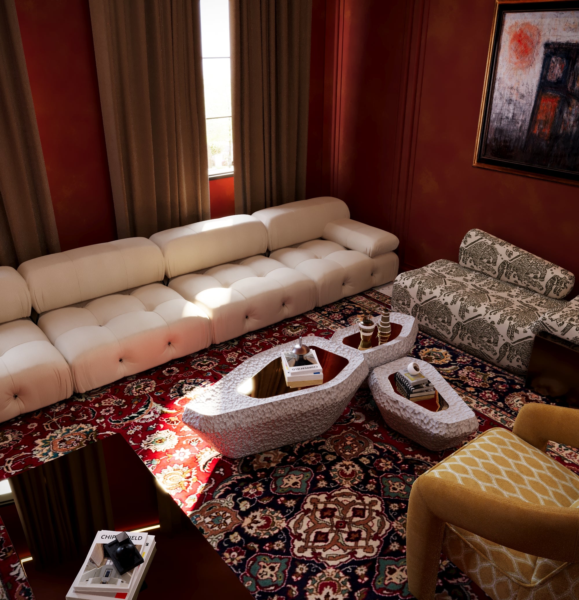 Explore this richly layered lounge by HAUS Living — a bold interior featuring Persian rugs, sculptural furniture, and warm moody walls. For creatives and cultural rebels.