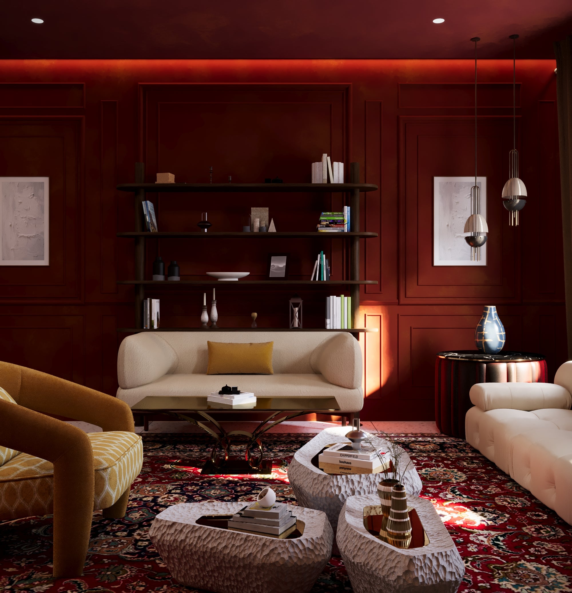 Explore this richly layered lounge by HAUS Living — a bold interior featuring Persian rugs, sculptural furniture, and warm moody walls. For creatives and cultural rebels.
