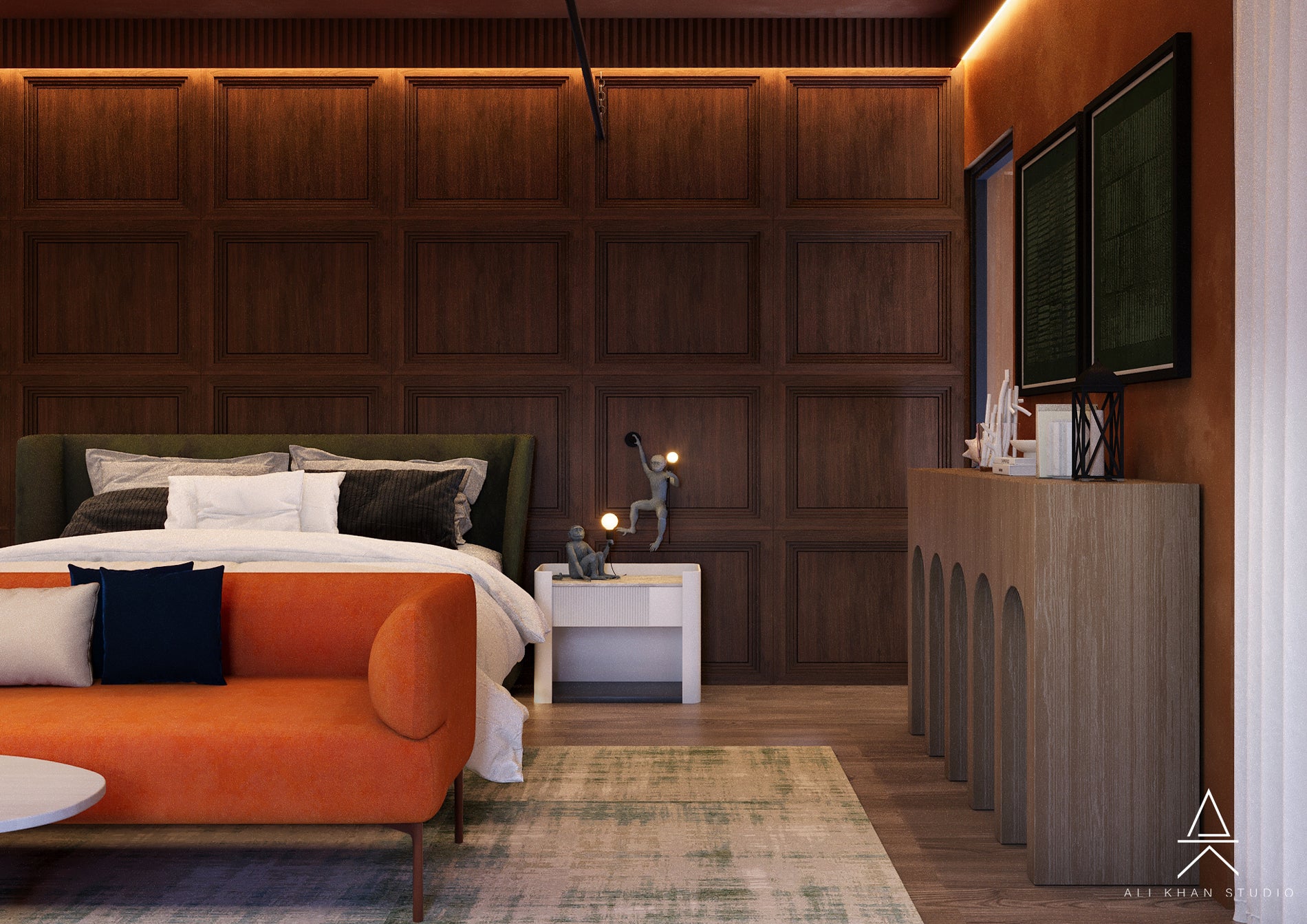 Modern Luxury Bedroom-Lounge with Sculptural Seating & Warm Wood Walls