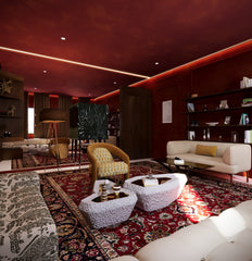 Explore this richly layered lounge by HAUS Living — a bold interior featuring Persian rugs, sculptural furniture, and warm moody walls. For creatives and cultural rebels.