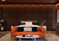 Modern Luxury Bedroom-Lounge with Sculptural Seating & Warm Wood Walls