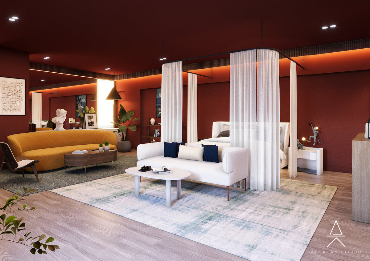 Modern Luxury Bedroom-Lounge with Sculptural Seating & Warm Wood Walls