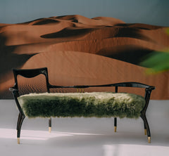 The ARCHED BACK Bench - Sculptural black lacquered wood frame with moss green fur upholstery by Ali Khan Studio