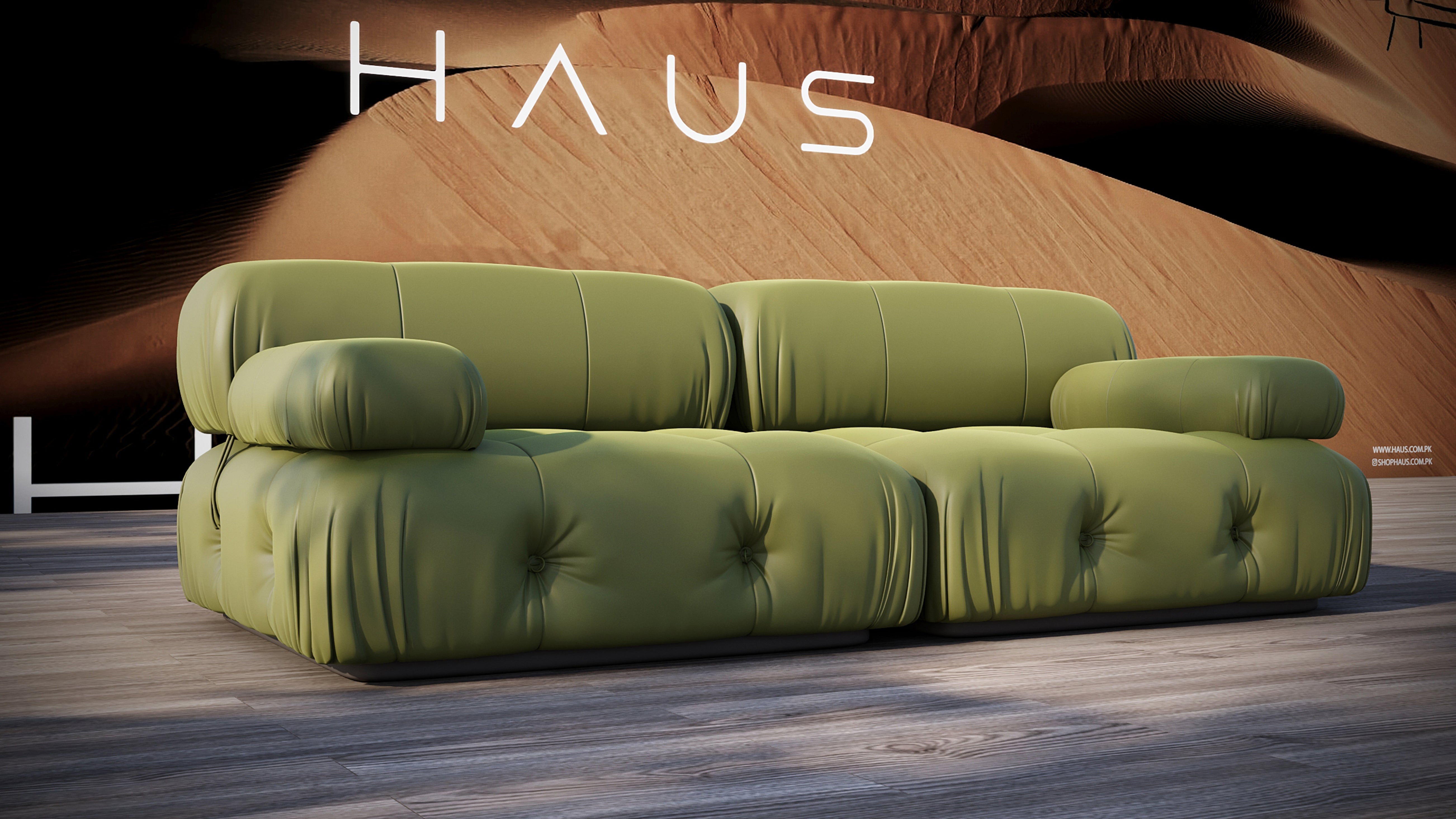 Close-up of high-tactility moss green velvet fabric and deep button tufting details on the ROMA 60 Sofa